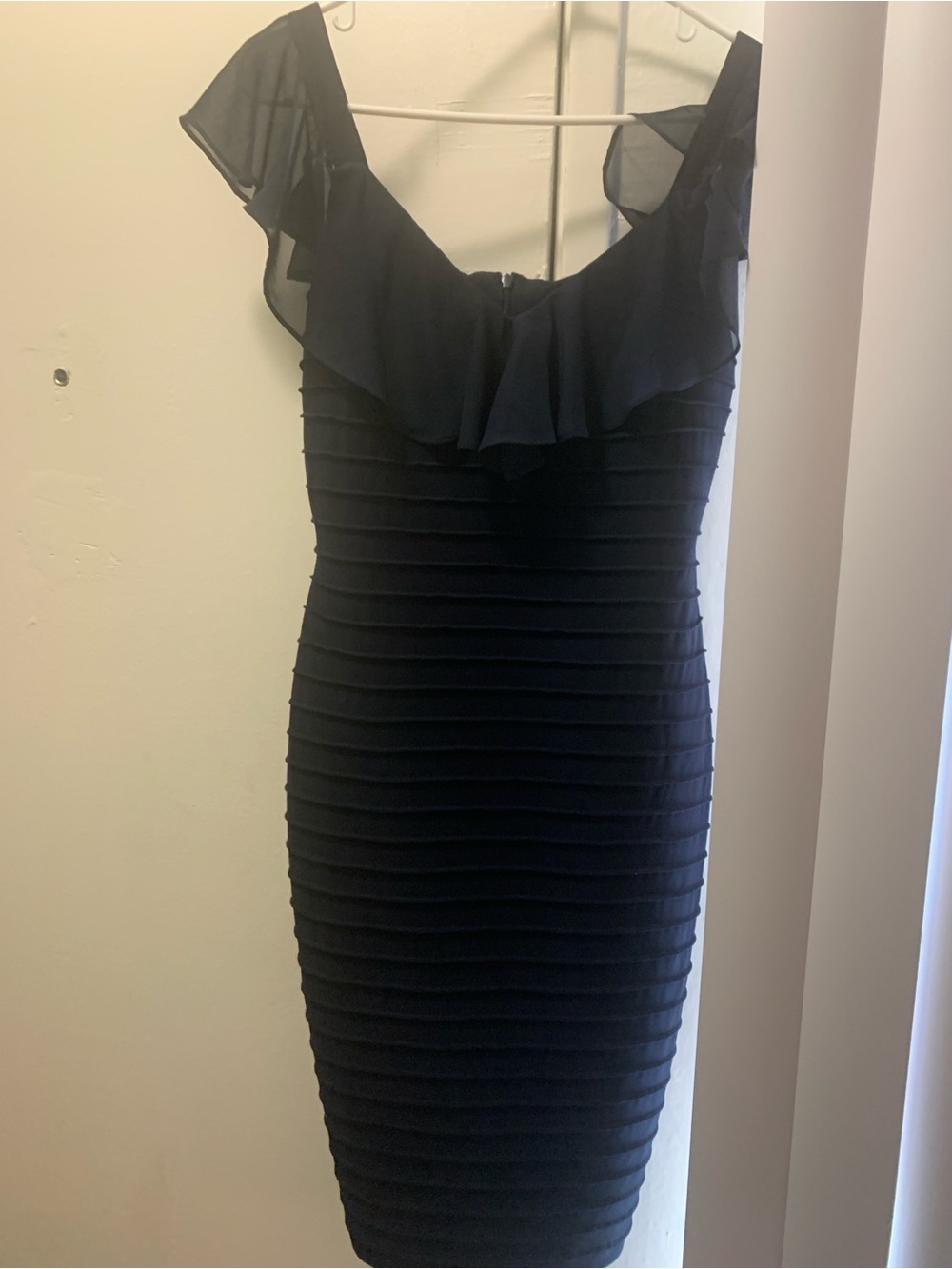 Adrianna Papell Navy Ruffled Midi Sheath Dress